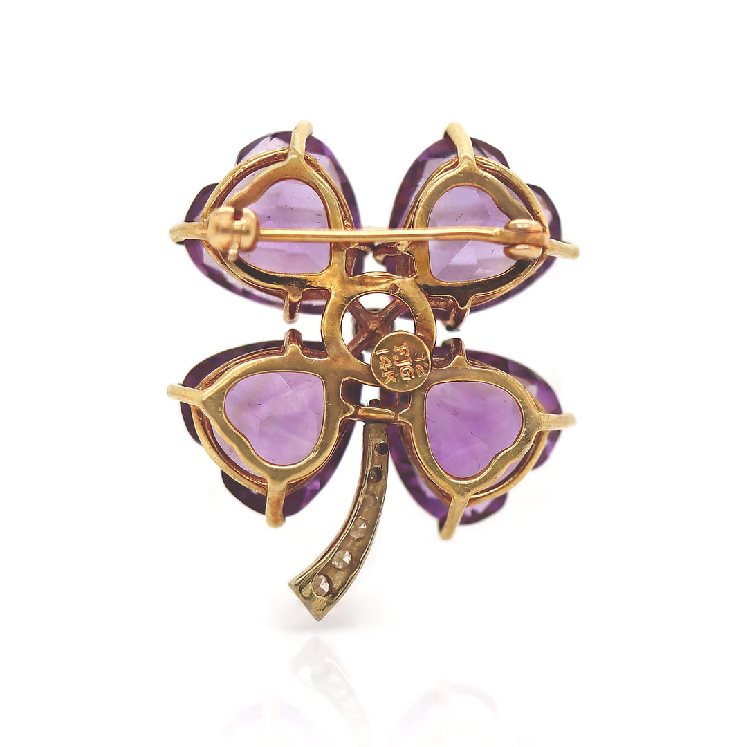 14CT Yellow And White Gold Amethyst And Diamond Clover Brooch