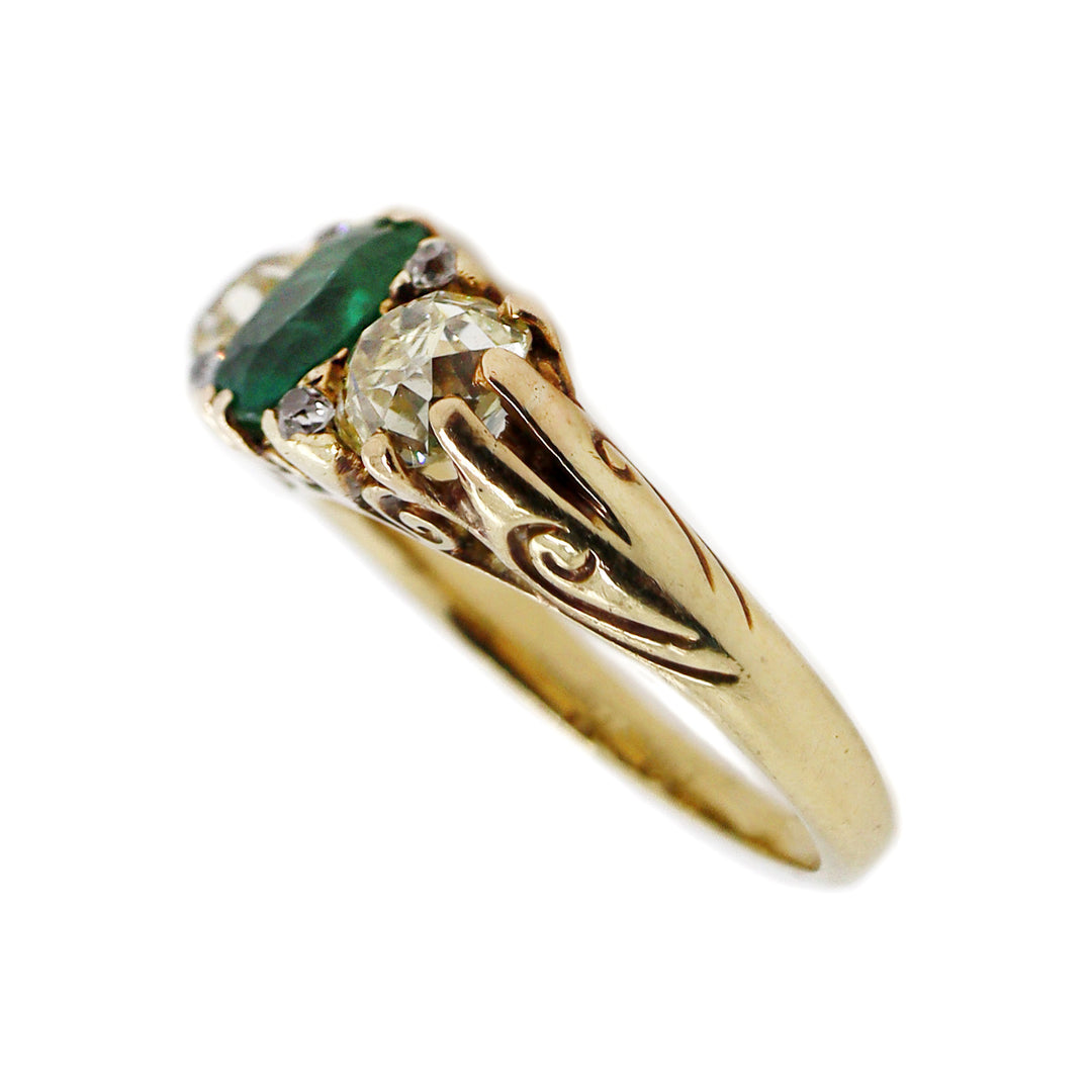 18CT Yellow Gold Antique Emerald And Old European Cut Diamond Ring