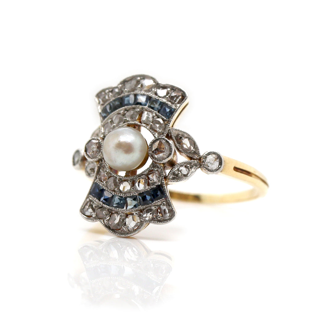 14CT Yellow Gold and Platinum Art Deco Sapphire Pearl Diamond Ring