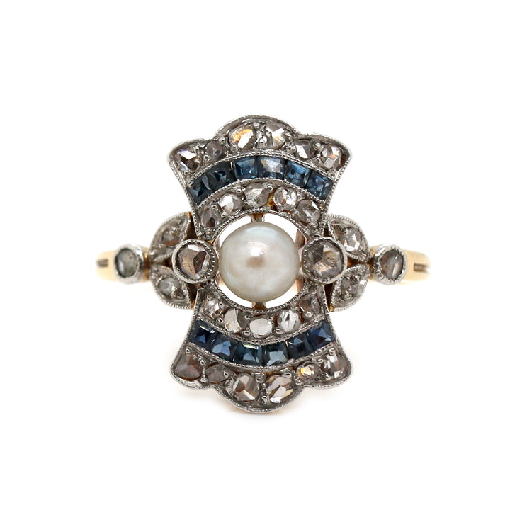 14CT Yellow Gold and Platinum Art Deco Sapphire Pearl Diamond Ring