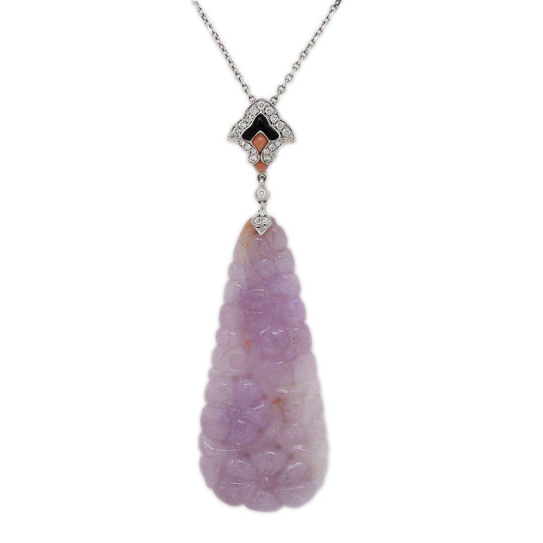 18CT White Gold Lavender Jade, Coral, Onyx, Diamond Pendant & Necklace