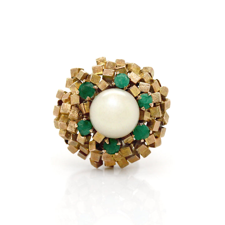 14CT Yellow Gold Emerald & Pearl Cube Cluster Cocktail Ring