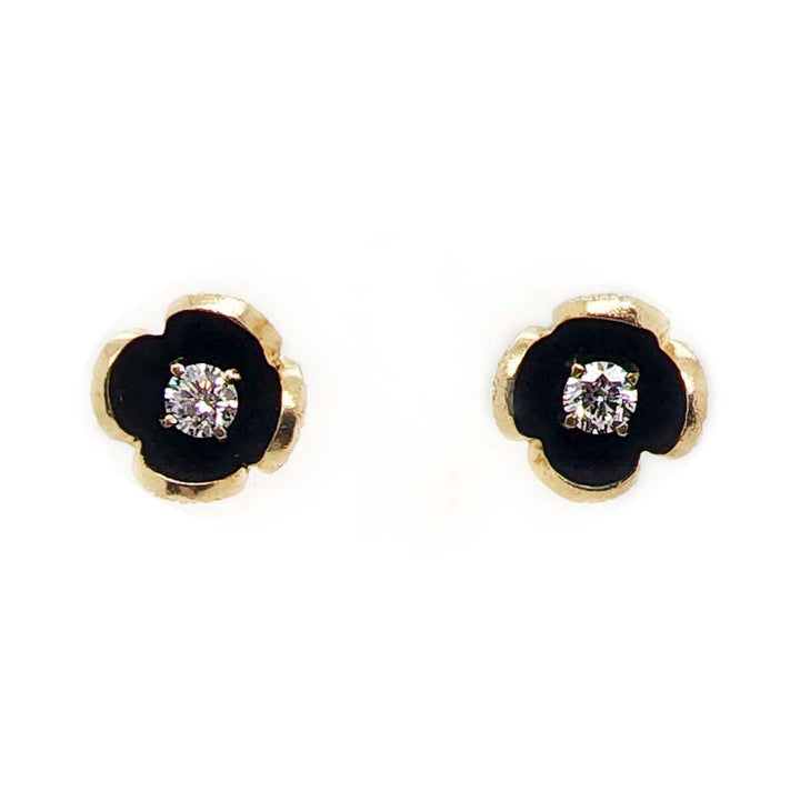 14CT  Yellow Gold Black Enamel & Diamond Floral Earrings