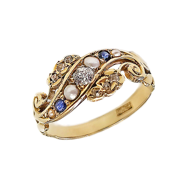 18CT Yellow Gold Antique Sapphire, Pearl and Diamond Ring