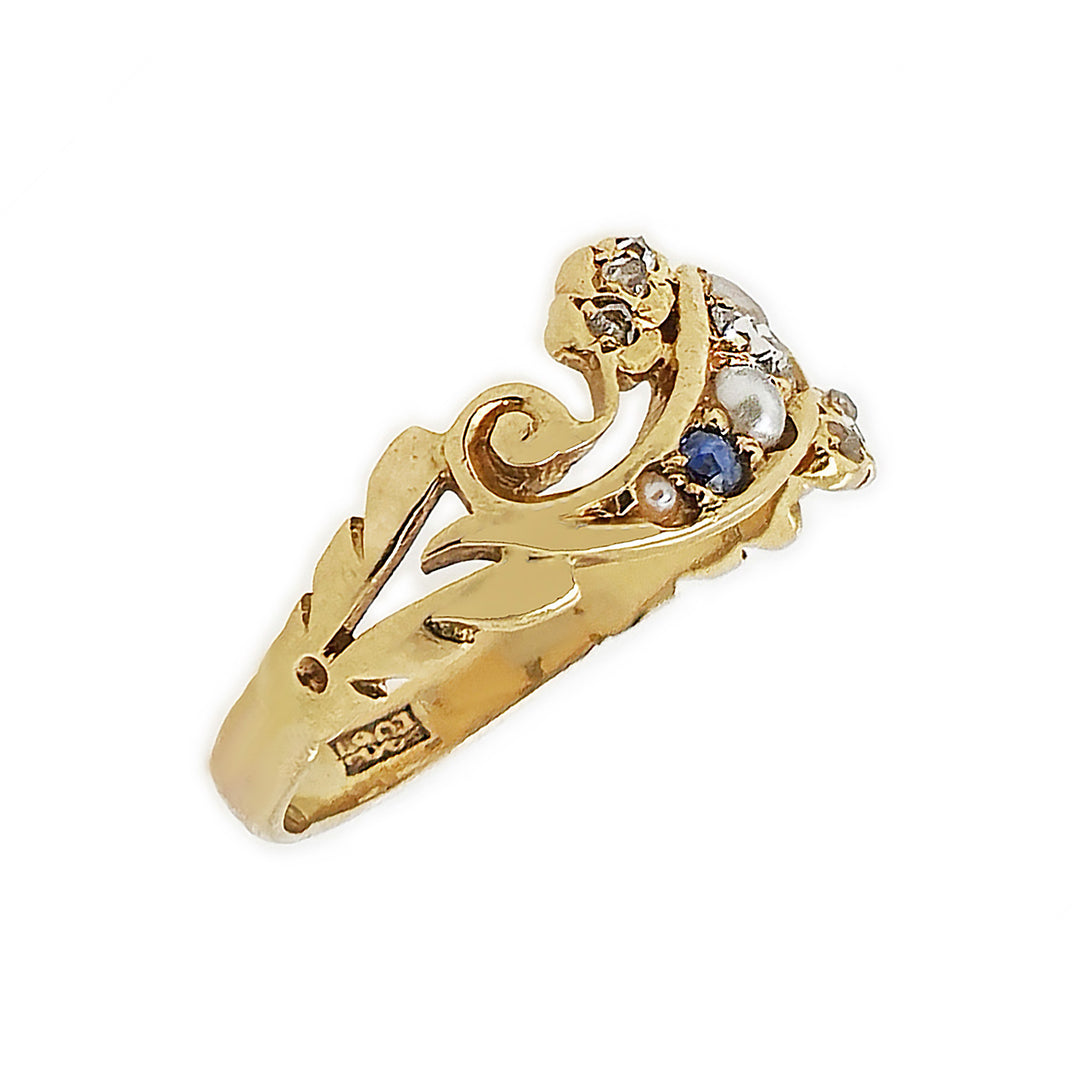 18CT Yellow Gold Antique Sapphire, Pearl and Diamond Ring