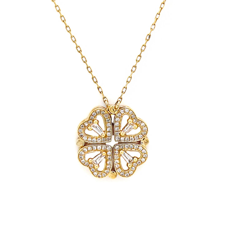 18CT Yellow Gold Diamond Heart Shape Convertible Clover Necklace