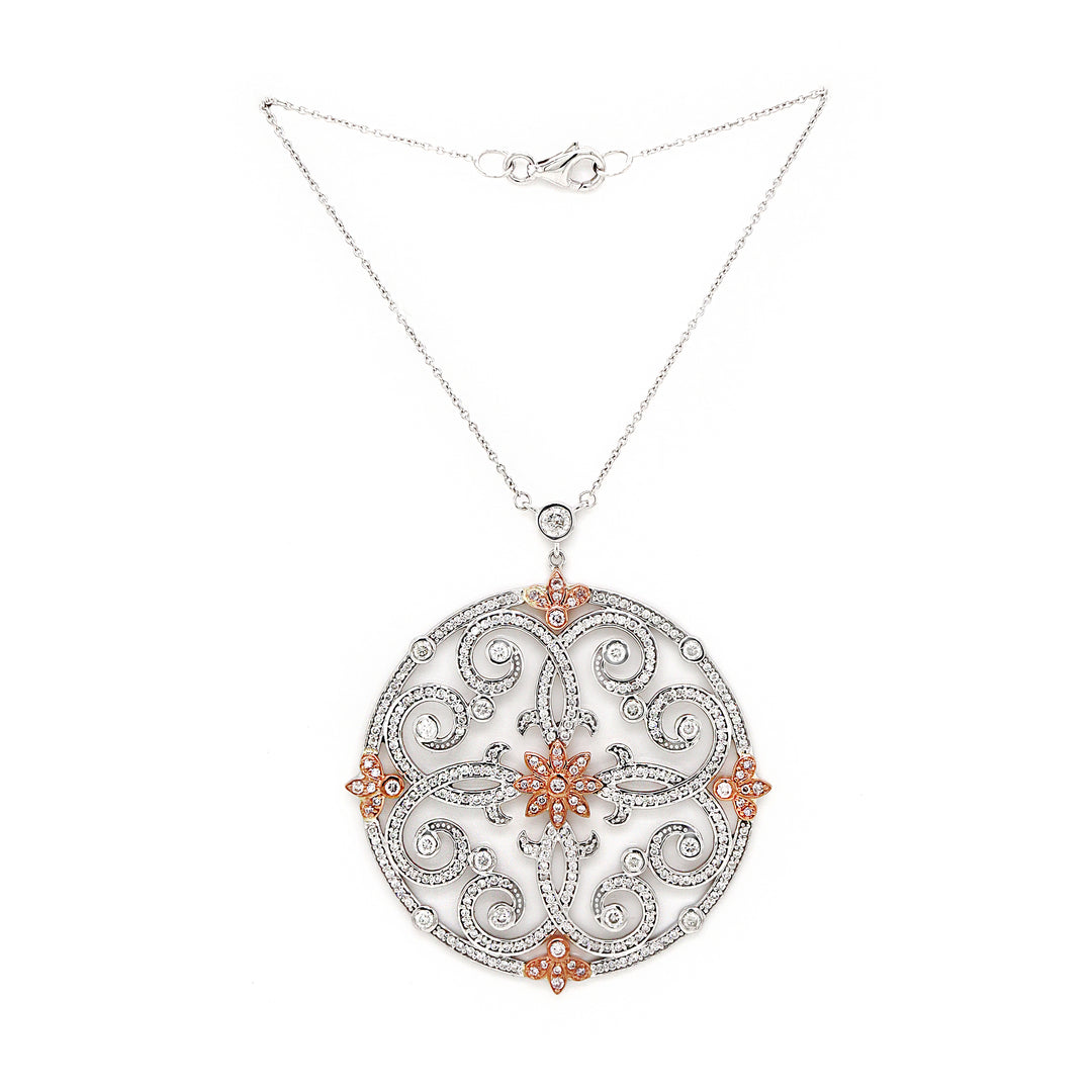 14CT White Gold Pink And White Diamond Antique inspired Pendant With Necklace