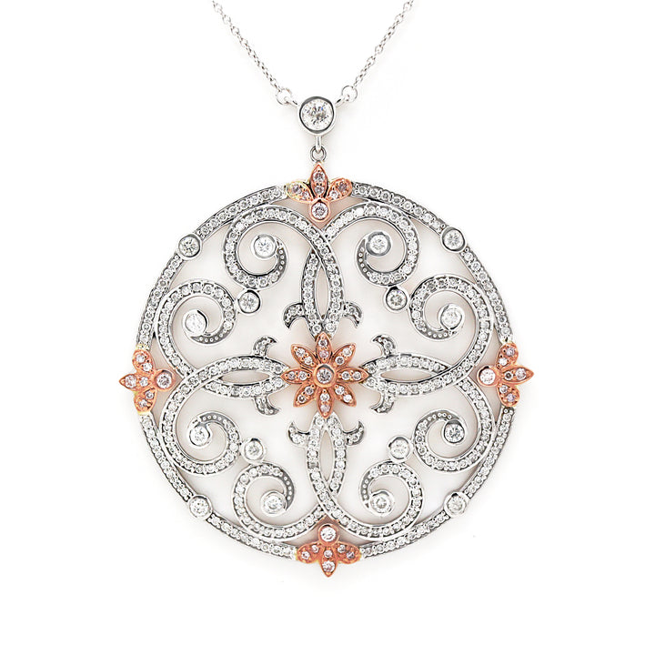 14CT White Gold Pink And White Diamond Antique inspired Pendant With Necklace