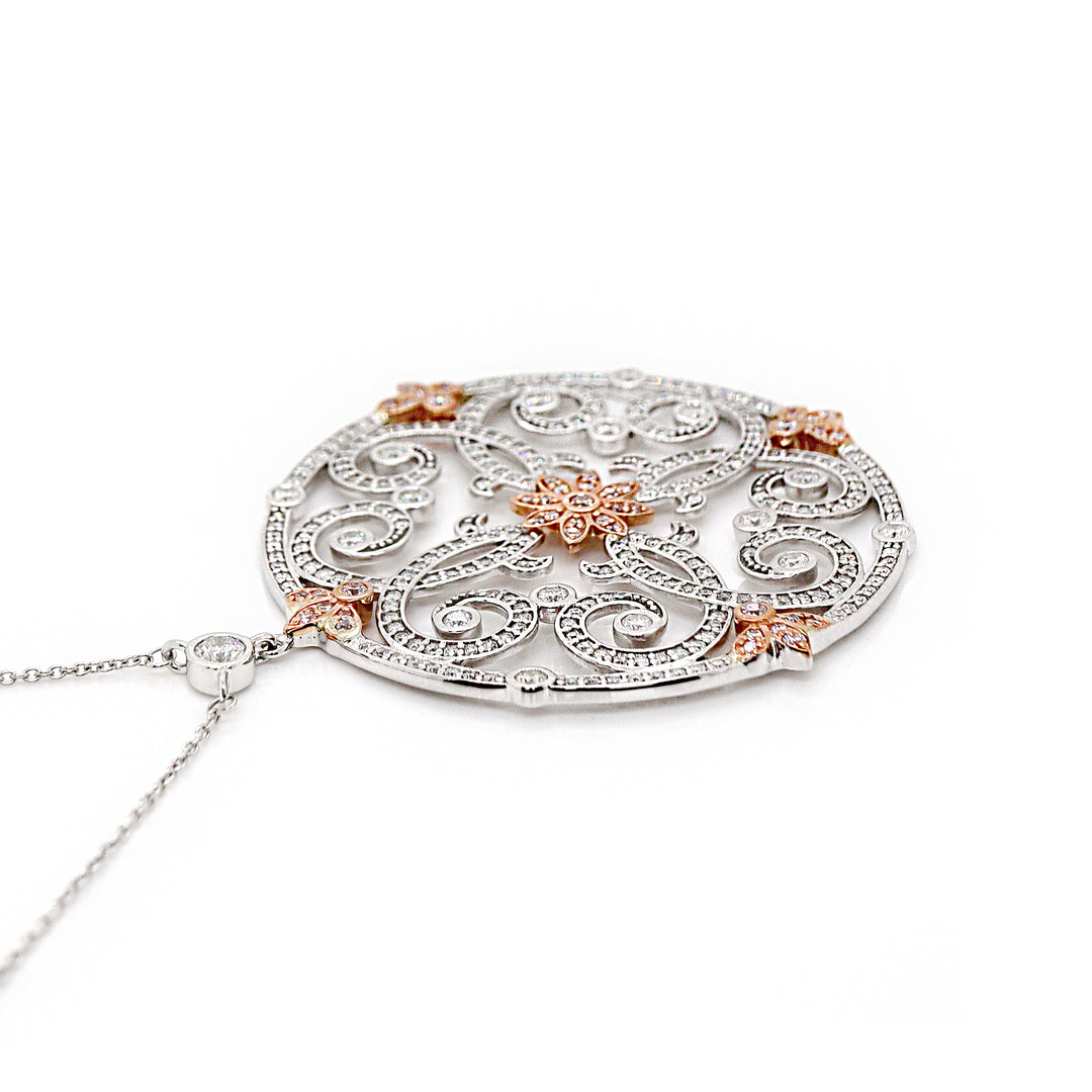 14CT White Gold Pink And White Diamond Antique inspired Pendant With Necklace