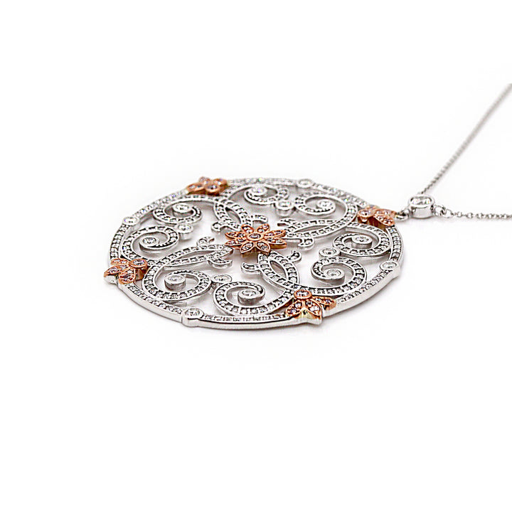 14CT White Gold Pink And White Diamond Antique inspired Pendant With Necklace