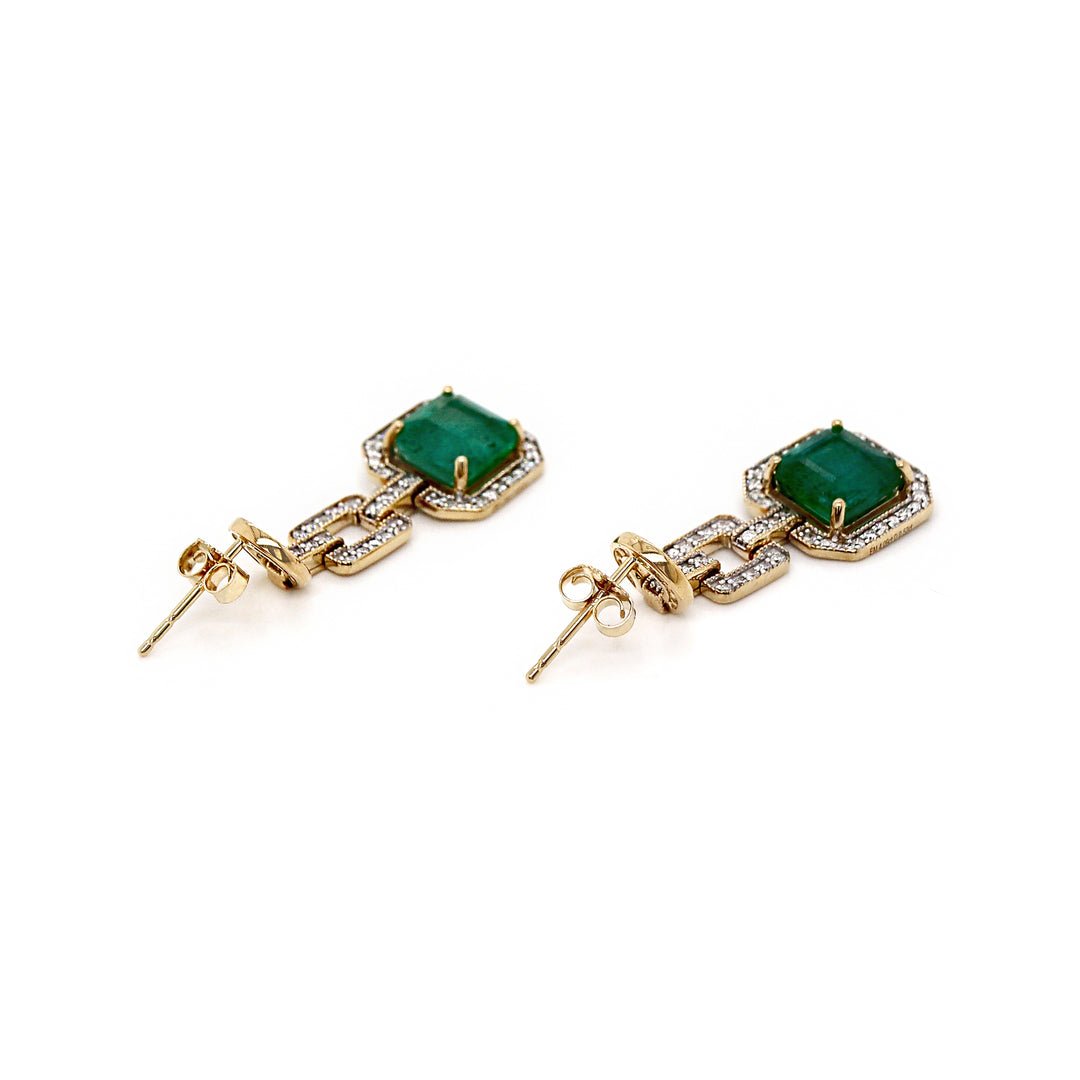 14CT Yellow Gold Emerald And Diamond Drop Earrings