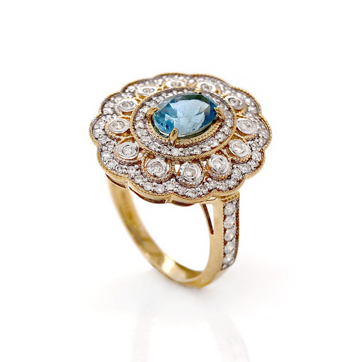 14CT Yellow Gold Aquamarine And Diamond Cocktail Ring