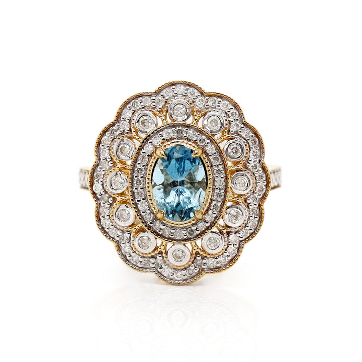 14CT Yellow Gold Aquamarine And Diamond Cocktail Ring