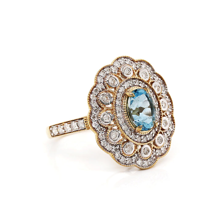 14CT Yellow Gold Aquamarine And Diamond Cocktail Ring