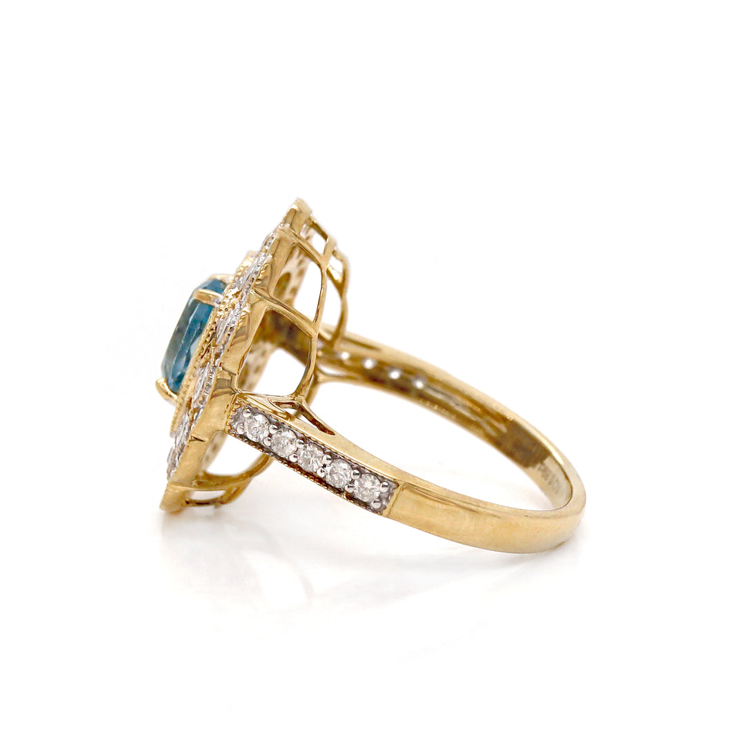 14CT Yellow Gold Aquamarine And Diamond Cocktail Ring