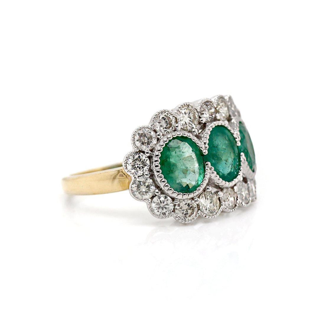 14CT Yellow And White Gold Emerald With Diamond Trilogy Dress Ring