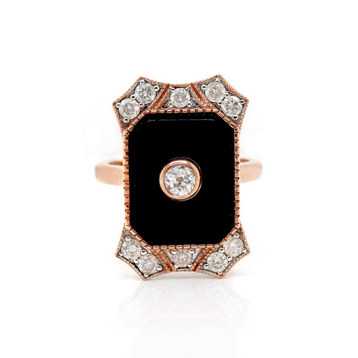 14CT Rose Gold Onyx And Diamond Cocktail Ring