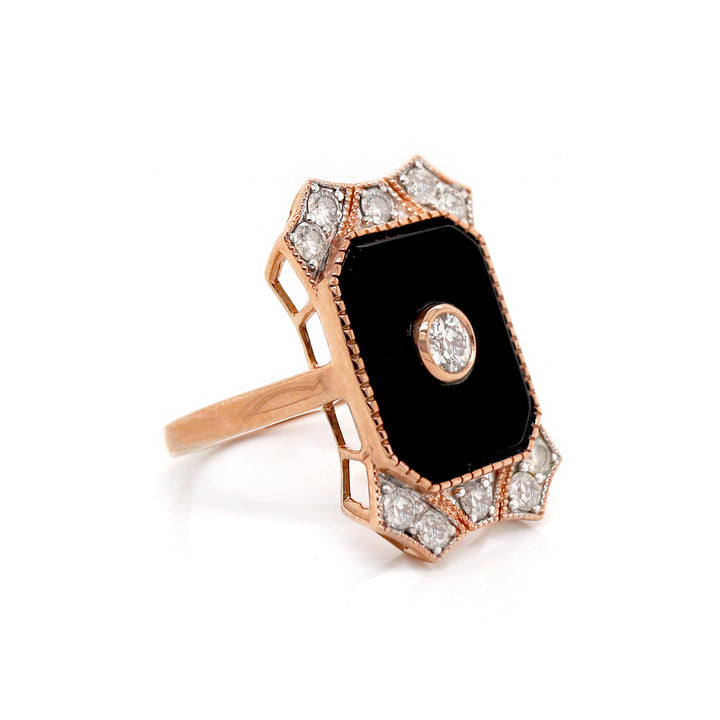 14CT Rose Gold Onyx And Diamond Cocktail Ring