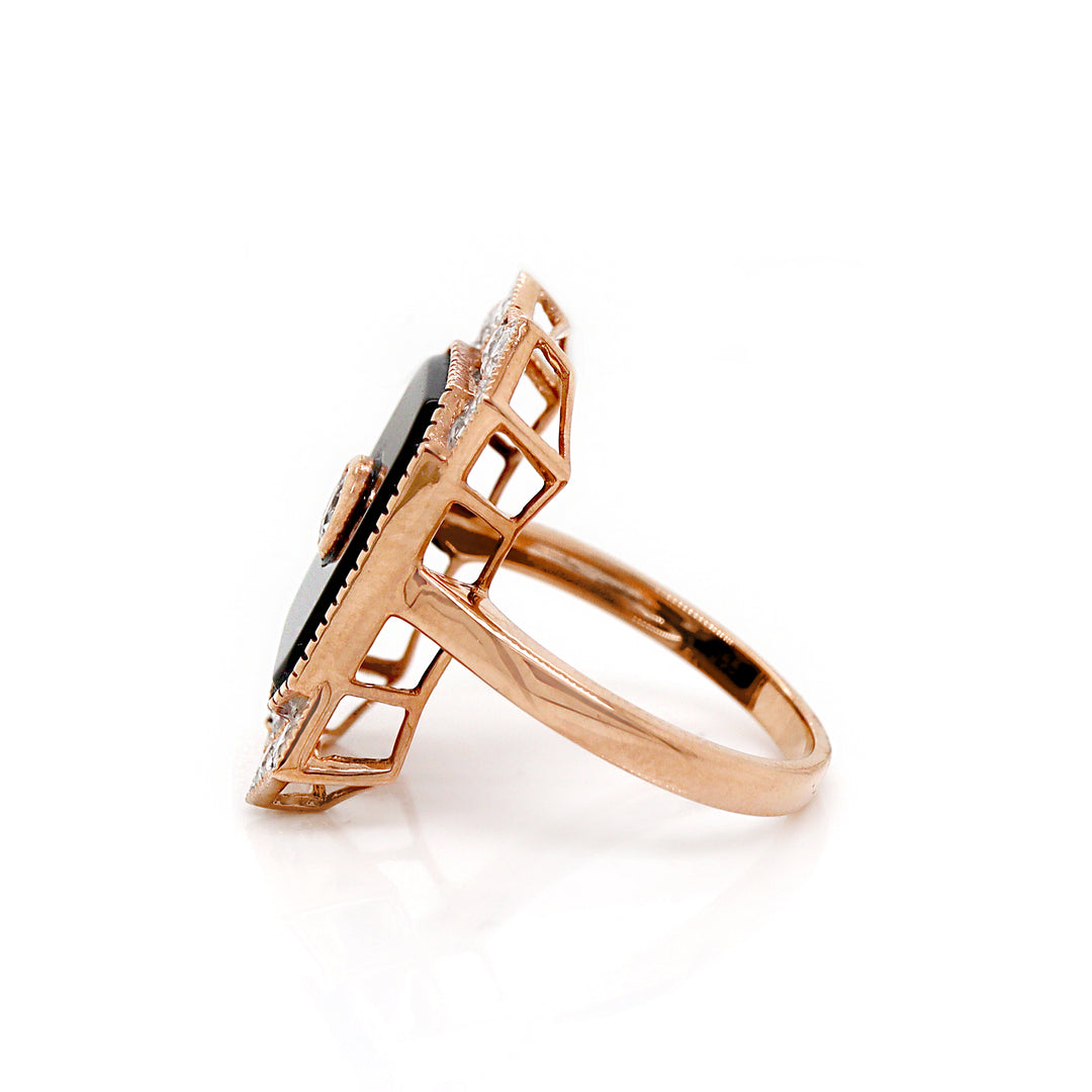 14CT Rose Gold Onyx And Diamond Cocktail Ring