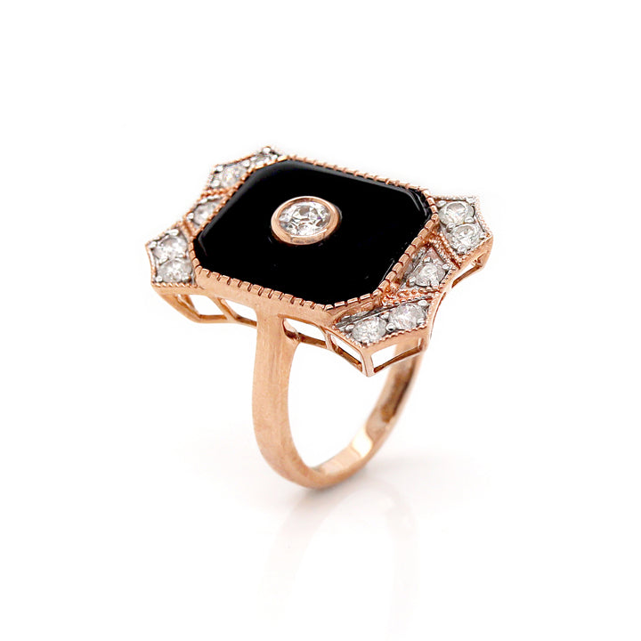 14CT Rose Gold Onyx And Diamond Cocktail Ring