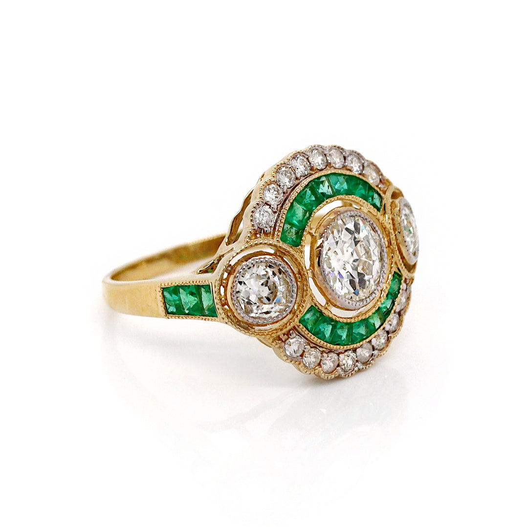 14CT Yellow Gold Emerald And Diamond Antique Style Ring