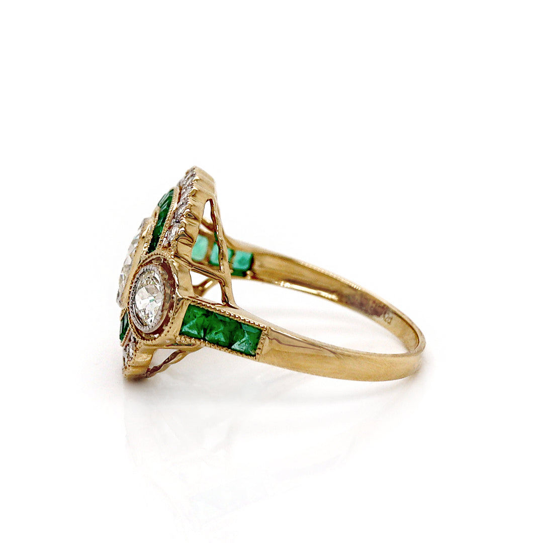 14CT Yellow Gold Emerald And Diamond Antique Style Ring