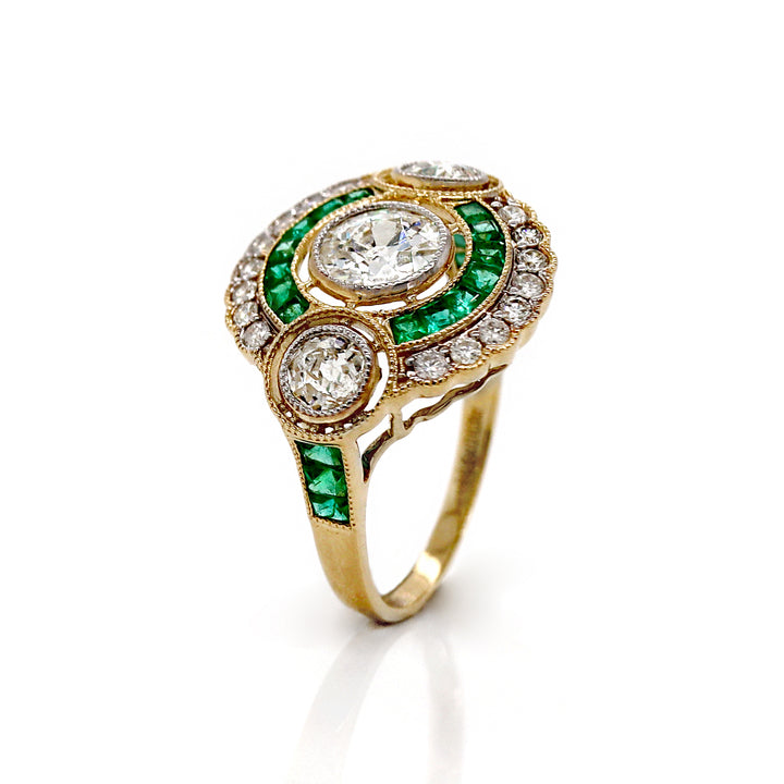 14CT Yellow Gold Emerald And Diamond Antique Style Ring