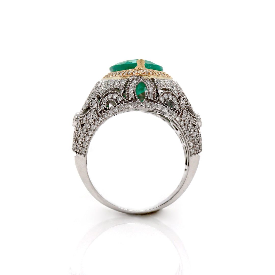 14CT White Gold Colombian Emerald And Diamond Cocktail Ring