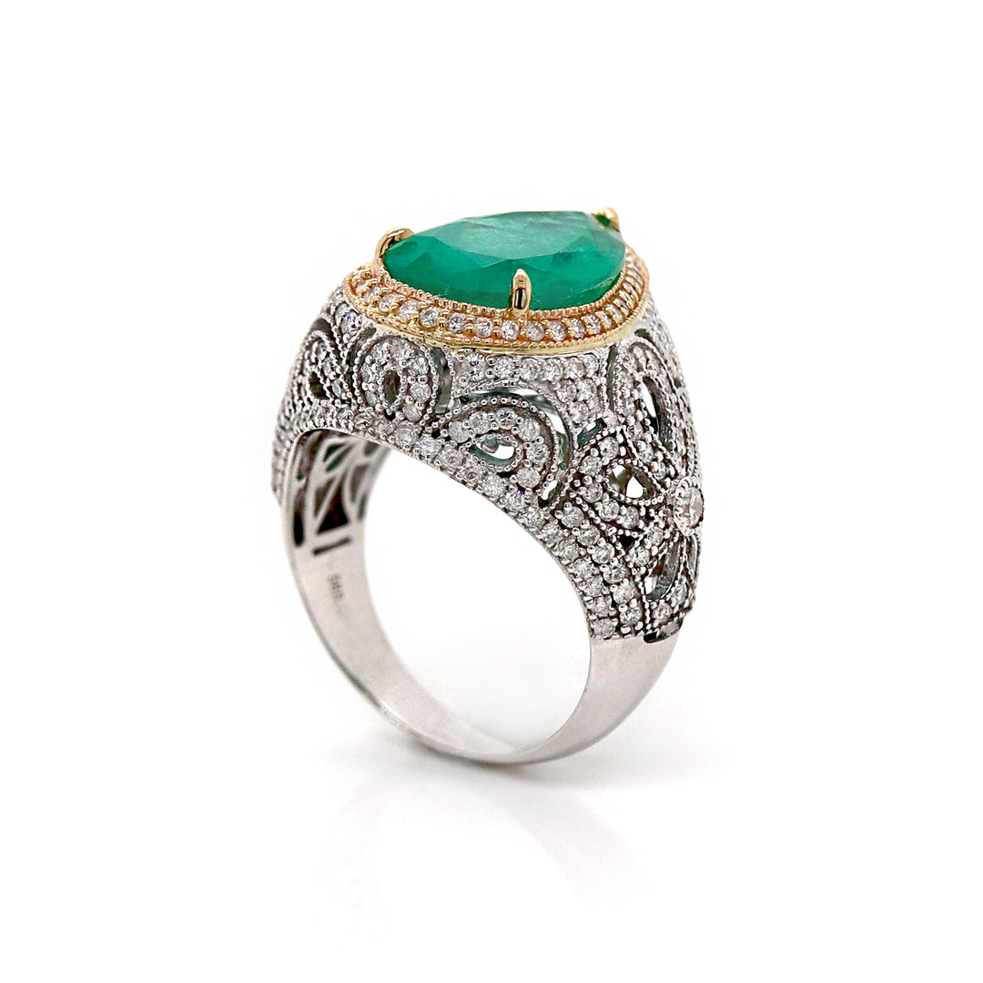 14CT White Gold Colombian Emerald And Diamond Cocktail Ring