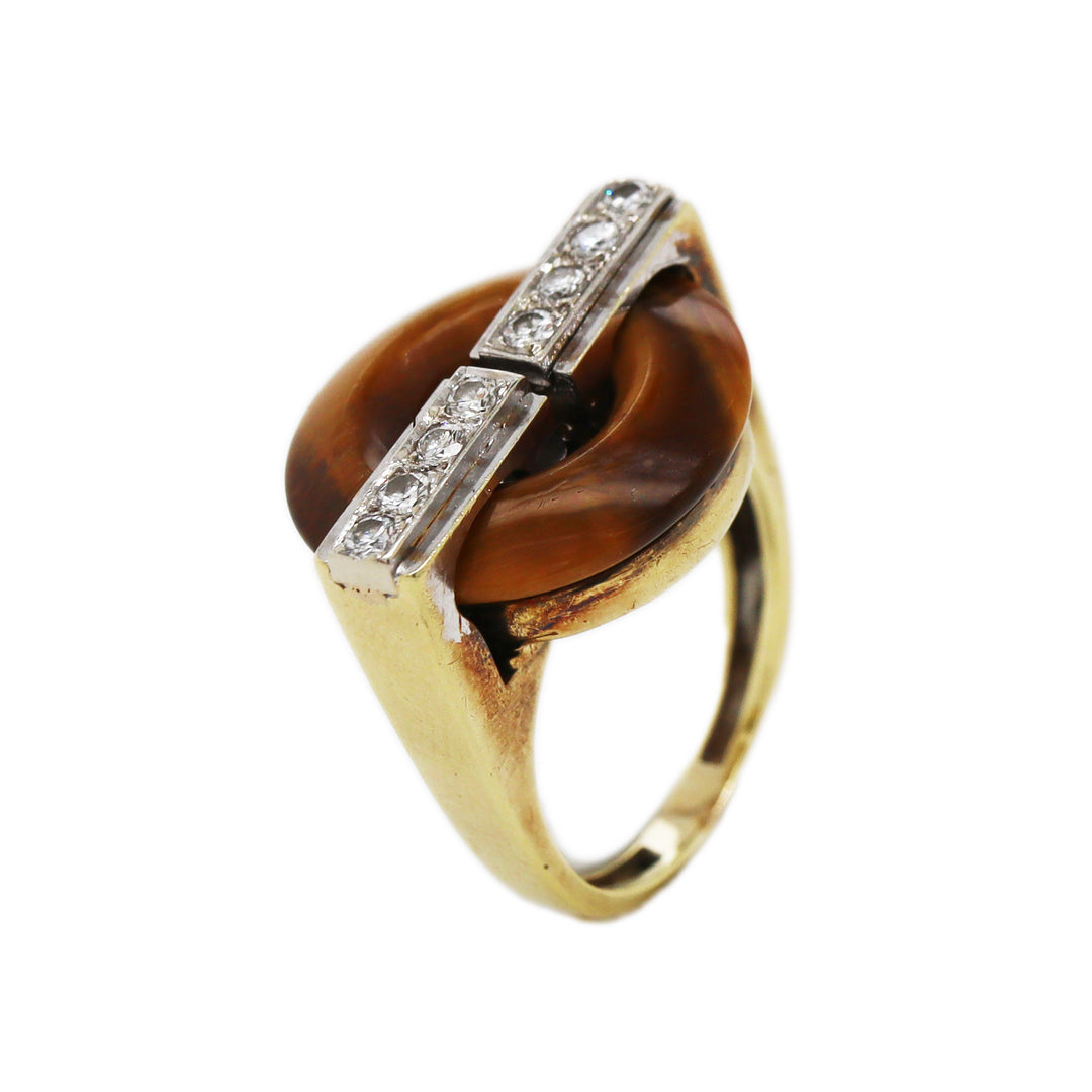 14CT Yellow/White Gold Retro Tigers Eye And Diamond Ring