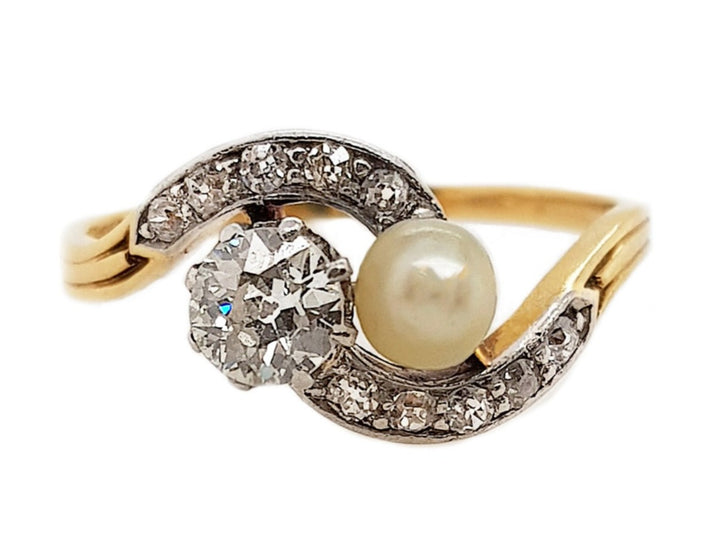 18CT Yellow Gold With Platinum Vintage Toi Et Moi Pearl And Diamond Ring