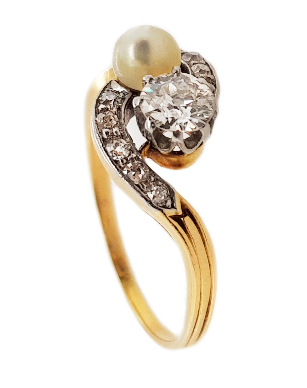 18CT Yellow Gold With Platinum Vintage Toi Et Moi Pearl And Diamond Ring