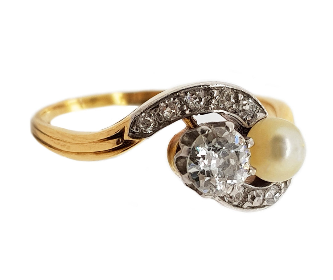 18CT Yellow Gold With Platinum Vintage Toi Et Moi Pearl And Diamond Ring