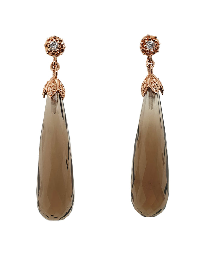 14CT Rose Gold Smokey Quartz Briolette And Diamond Earrings