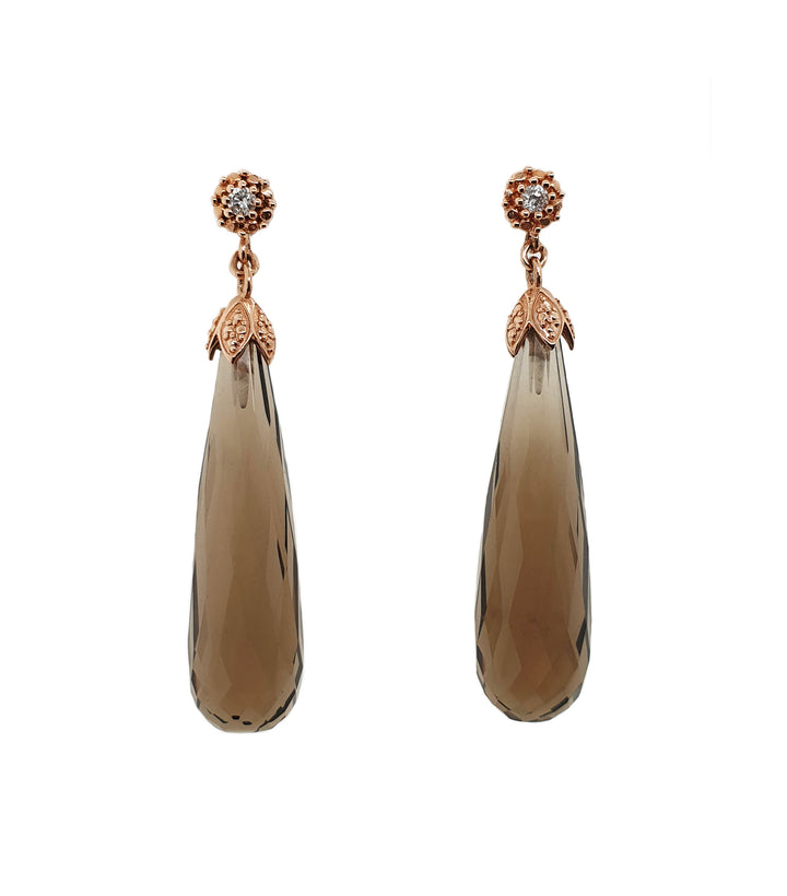 14CT Rose Gold Smokey Quartz Briolette And Diamond Earrings