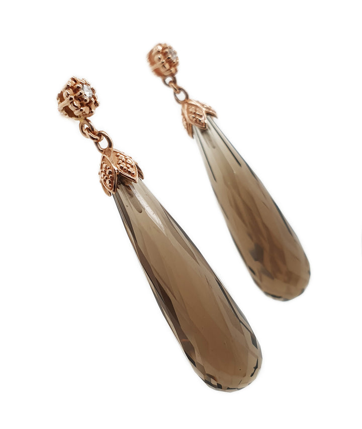 14CT Rose Gold Smokey Quartz Briolette And Diamond Earrings