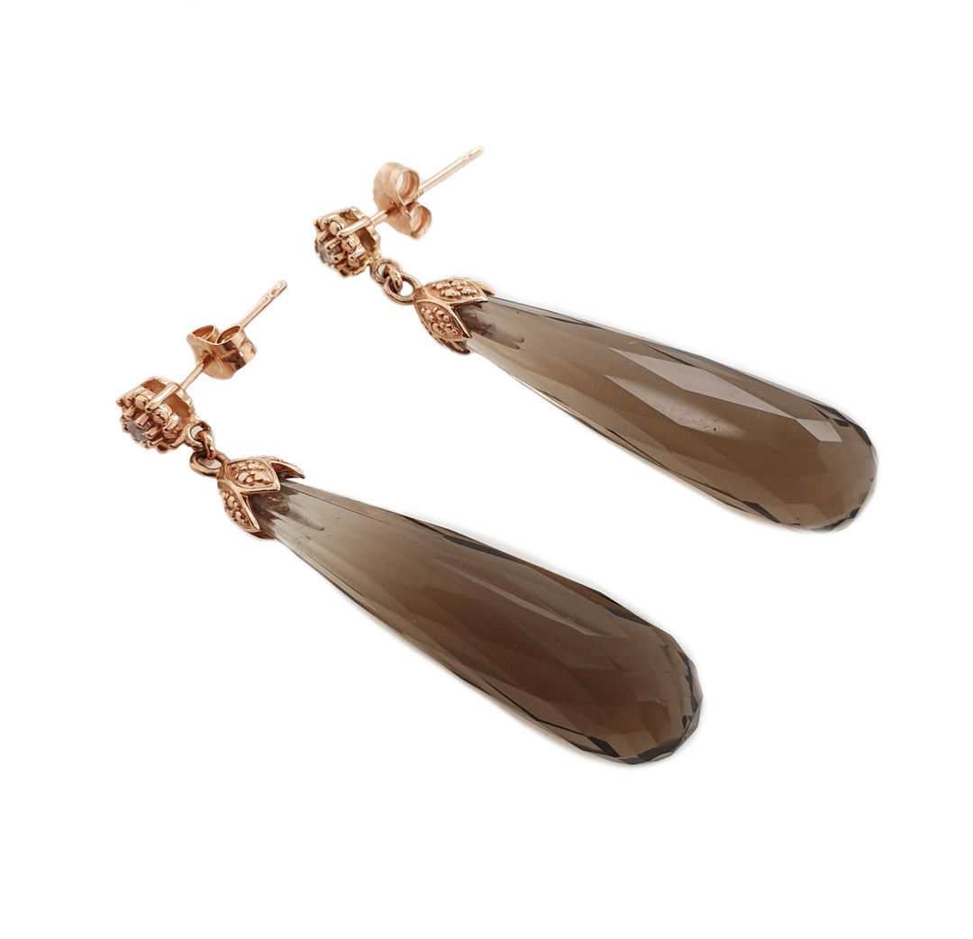 14CT Rose Gold Smokey Quartz Briolette And Diamond Earrings