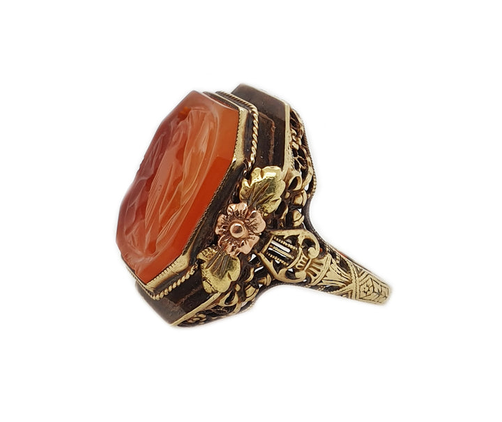 14CT Tri-colour Gold Carnelian Carved Intaglio C.1930 Ring