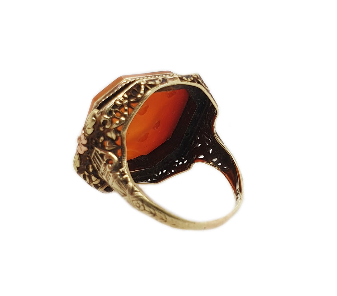 14CT Tri-colour Gold Carnelian Carved Intaglio C.1930 Ring