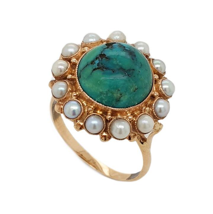 14CT Yellow Gold Vintage Turquoise And Pearl Cocktail Ring