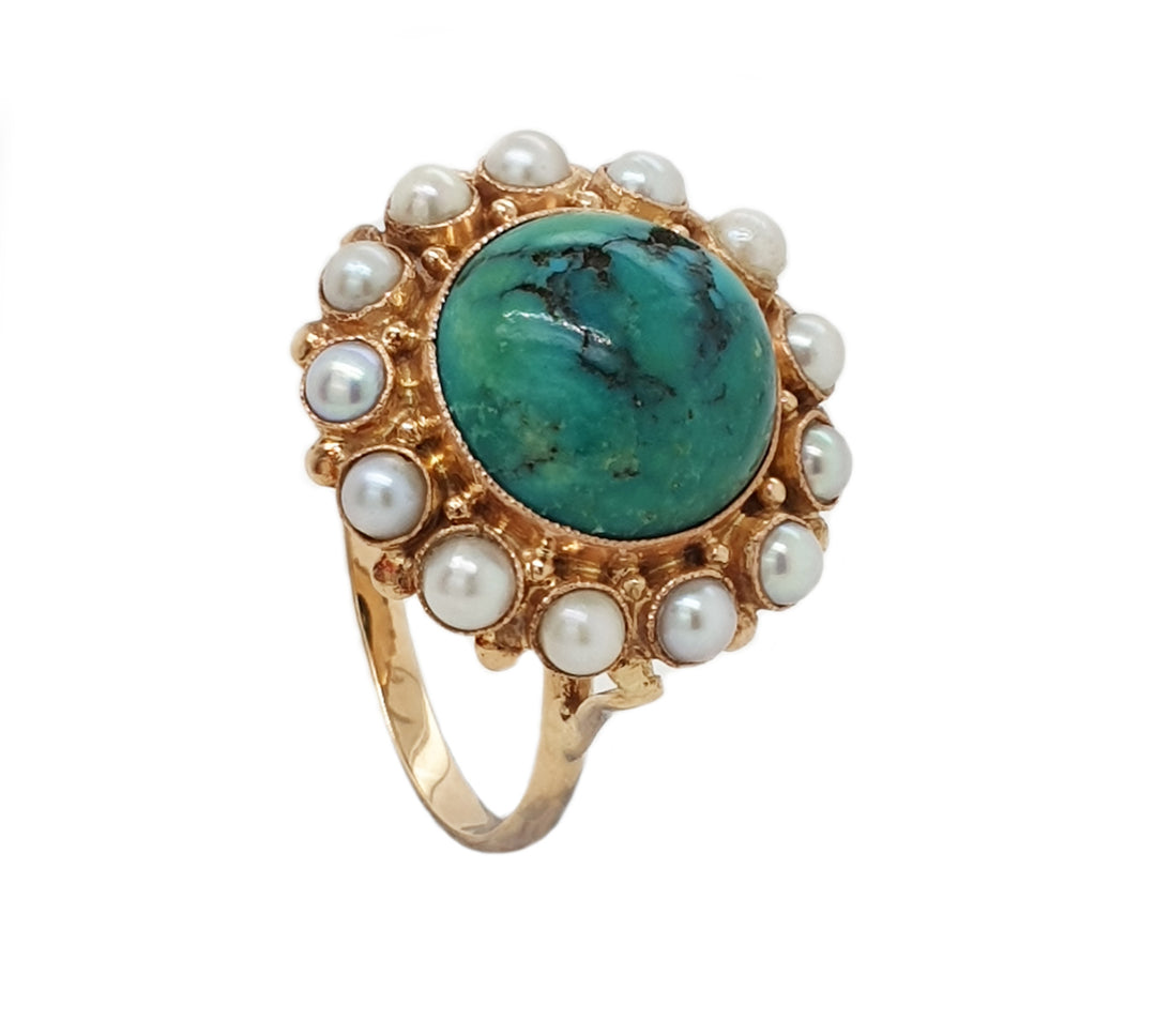 14CT Yellow Gold Vintage Turquoise And Pearl Cocktail Ring