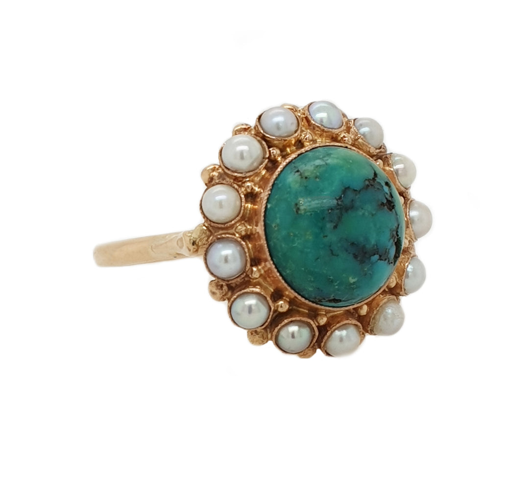 14CT Yellow Gold Vintage Turquoise And Pearl Cocktail Ring