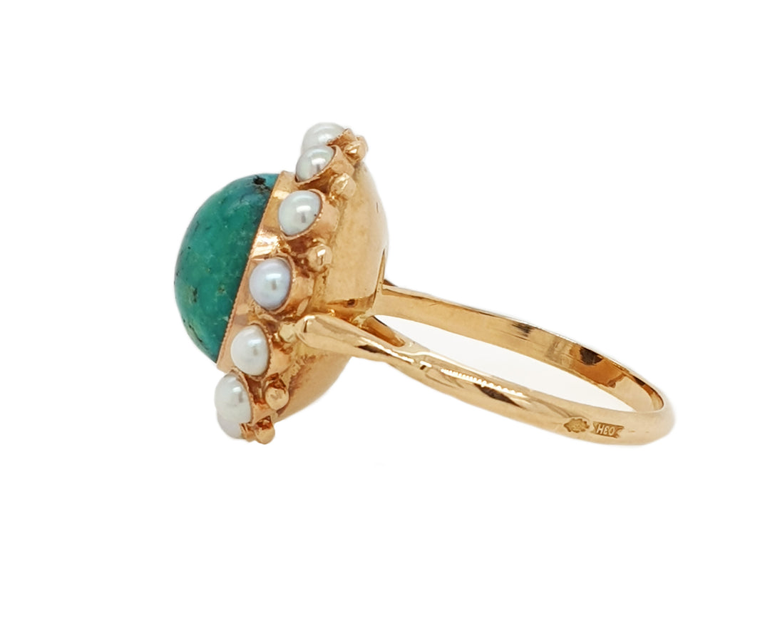 14CT Yellow Gold Vintage Turquoise And Pearl Cocktail Ring