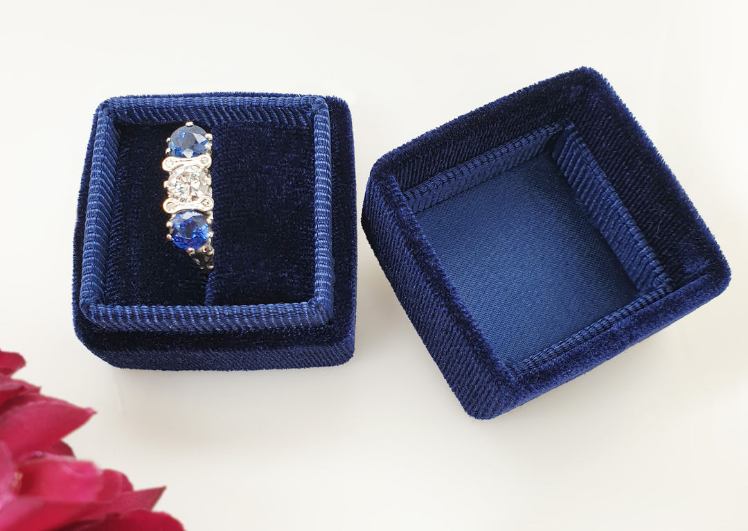 Navy Velvet Ring Box - Antique Vintage Inspired