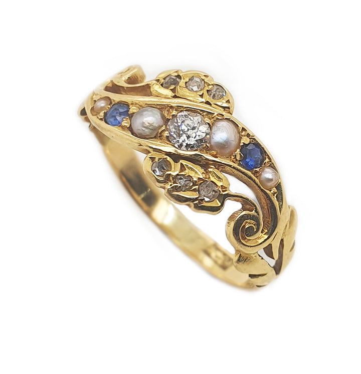 18CT Yellow Gold Antique Sapphire, Pearl and Diamond Ring