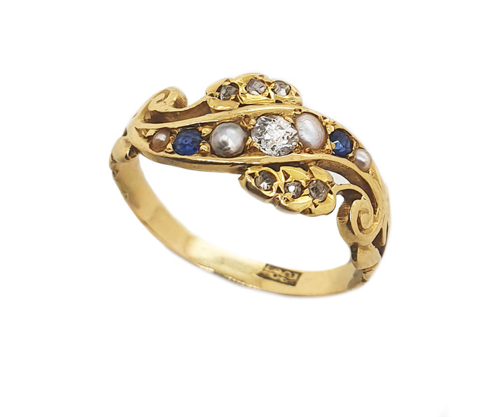 18CT Yellow Gold Antique Sapphire, Pearl and Diamond Ring