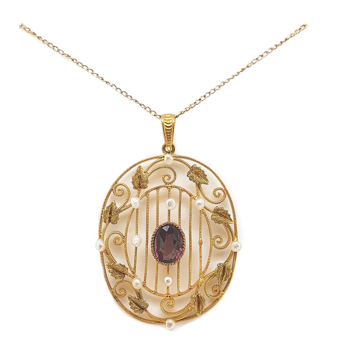 18CT Yellow Gold Vintage Amethyst And Seed Pearl Pendant With Necklace