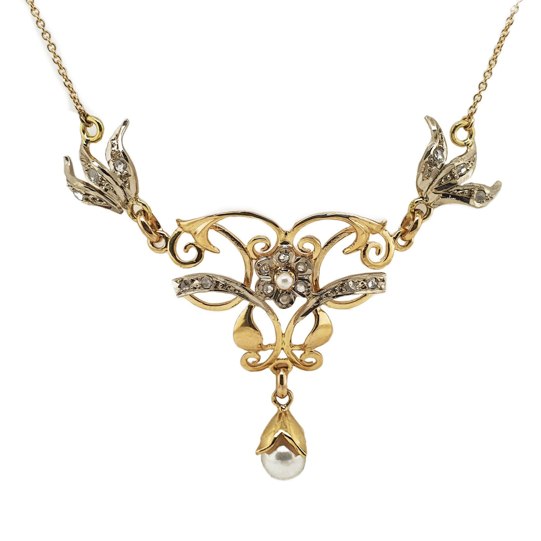 18CT Yellow Gold With Platinum Antique La Valliere Pearl And Diamond Necklace